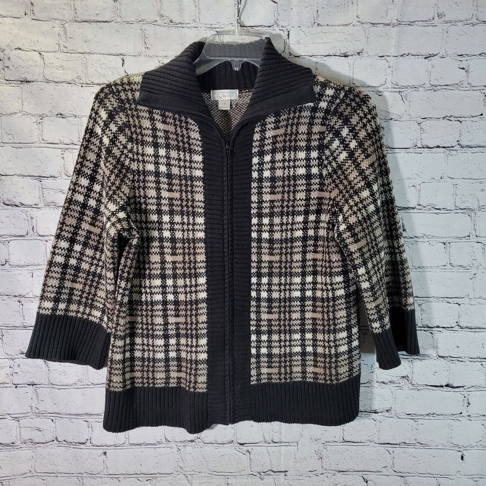 Christopher & Banks Cardigan Sweater Women M Black Tan Plaid Zip‎ Mock Neck Knit